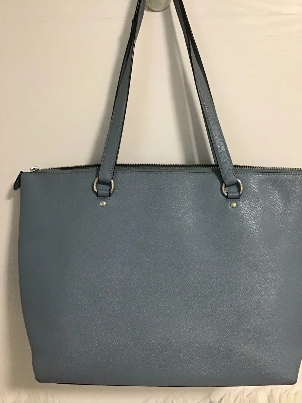 Coach Slate Blue Leather Zip-Top Tote can fit laptop 13”